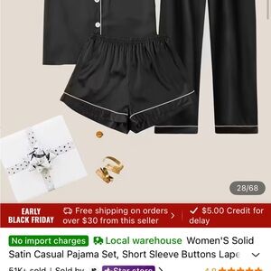 Elegant Black Satin Pajama Set with White Trim